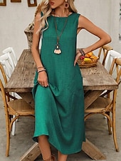 preiswerte Weißes Kleid-Damen Maxikleid A Linie Kleid Sommerkleid Lässig Täglich Normale Passform Einfach Ärmellos Rundhalsausschnitt Wein Blau Braun Grün Sommer