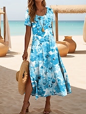 preiswerte Blumenkleider-Damen Midikleid Sommerkleid A Linie Kleid Urlaub Lässig Strand Täglich Ausgehen Normale Passform Blumen Grafik Kurzarm Rundhalsausschnitt Gelb Rosa Blau Purpur Sommer