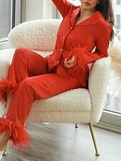 billige Søvnoverdeler og -nederdeler for kvinner-Dame Pyjamas Sett Fritid Komfort Ren farge Elastisk midje Fjær Skjorte Bukse Hjem Daglig Langermet Skjortekrage Svart Hvit Rosa Rød Blå Sommer Vår Høst Normal