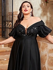 economico NERO-Abito da sera A-Line elegante formale da matrimonio lunghezza a terra maniche corte scollatura a cuore in raso con pieghe