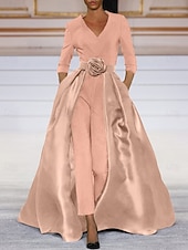 abordables Longueur du plancher-Combinaison avec jupe maternelle de la mariée Robe élégante Simple Robe noire Décolleté en V Traîne balayante  brosse Tissu extensible Manches 3/4 avec couleur unie robe qui impressionne robe