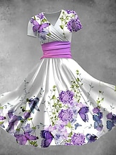 ieftine Rochii florale-Pentru femei Rochii Midi Rochie de vară Rochie Fit And Flare Petrecere Casual Zilnic Concediu Fit regulat Floral Grafic Manșon scurt În V Galben Roșu-aprins Albastru piscină Mov Vară