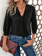 abordables Blusas Sencillas-Mujer Blusa Color sólido Elegante Básico Casual Manga 3/4 Cuello Camisero Tops regulares Oficina Trabajo Negro Vino Verde Trébol Verano Primavera Otoño
