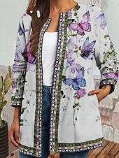 preiswerte Freizeitjacken-Damen Freizeitjacke Warm Bequem Tasche Mode Modern Blumen Straße Ausgehen Regulär Kragenlos Normale Passform Langarm Oberbekleidung Rote Purpur Orange Herbst Winter
