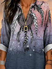 preiswerte Damen Boho Tops-Damenbluse Langarm Tunika Tops Graphic Bohemia Vintage Tropical V-Ausschnitt Reguläre Tops Tägliche Urlaub Strandbekleidung Druck Blau Lila Braun Grün Sommer Frühling