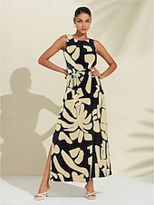 abordables Robes décontractées-Femmes Robe Décontractée Robe Ample Noir Blanche Sans manches Motif Floral Imprimé Ample Printemps &amp; Été Tour Décontracté Quotidien Occasionnel Vacances S M L