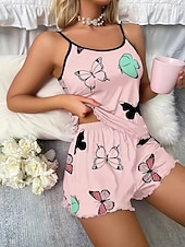 billige Søvnoverdeler og -nederdeler for kvinner-Dame Pyjamas Sett Fritid Komfort Sommerfugl Elastisk midje Stropp Topp Shorts Hjem Daglig Langermet stropper Rosa Blå Beige Sommer Normal