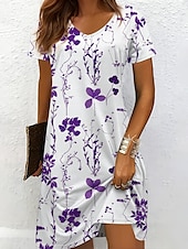 ieftine Rochii florale-Pentru femei Rochii Midi Rochii Tricou Rochie de Vară Rochie A line Vacanță Casual Stiluri de Plajă Plajă Fit regulat Floral Grafic Manșon scurt În V Negru și Alb Galben Roșu-aprins Albastru piscină