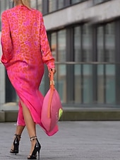 abordables Robes fleuries décontractées-Femmes Robe Midi Robe Fleurie Mode Classique Moderne Extérieur Vacances Quotidien Coupe régulière Léopard manche longue Col en V Bleu Vert Rose rouge Été