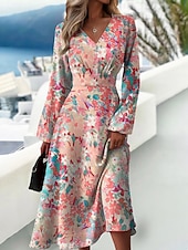 ieftine rochie florală-Pentru femei Rochii Midi Rochie A line Rochii Semi Formale Birou Fit regulat Imprimare de marmură Manșon Lung În V Roz Îmbujorat Kaki Gri Vară