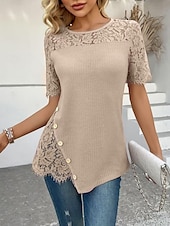 tanie Koronkowe topy-Damskie Koronkowa koszula Jednokolorowe Elegancki Codzienny Krótki rękaw Półgolf Zwykłe topy Codzienny Koronka Niejednolita całość Rumiany róż Fioletowy Złoty Zielony Khaki Lato