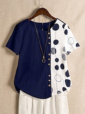 billige Kvinnenes Kunst &amp; Design Topper-Dame Skjorte Bluse Grafisk Polkadotter Grunnleggende Kortermet Crew-hals Vanlige topper Ferie Knapper Trykt mønster Hvit Navyblå Grønn Sommer Vår