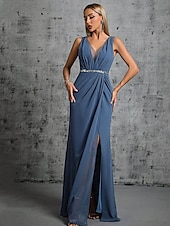 voordelige BLAUW-Zeemeermin  Trompet Quinceanera Jurken Elegante Jurk Formeel Bruiloft Vloerlengte Mouwloos V Hals Chiffon met Split