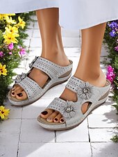 cheap Comfort Sandals-Women’s Arch-Support Wedge Sandals with Floral Cutout and Massage Insole, Comfortable Daily Wear for Shopping, Vacation and Summer Picnics