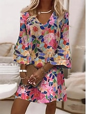 abordables Robes fleuries-Femmes Mini Robe Robe d&#039;Été Robe trapèze Boho Soirée Coupe régulière Fleuri Graphique Manche 3/4 Col en V Rose Claire Vert Claire Gris foncé Bleu Ciel Été Printemps