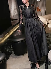 preiswerte Bodenlänge-A-Linie Brautmutter Kleid Eleganter Hemdkragen Knöchellang Polyester Langarm mit Spitze Gurt  Band