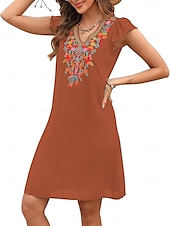 cheap Boho Dress-Women&#039;s Mini Dress Casual Dress Fashion Modern Elegant Dress Cap Sleeve Wedding Daily Date Regular Fit Floral Embroidery Sleeveless V Neck Black White Orange Summer