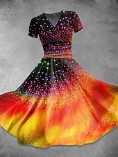 ieftine Artă și design rochii-Pentru femei Rochii Midi Rochie A line Rochie de vară Rochie Fit And Flare Petrecere Casual Zilnic Concediu Fit regulat Grafic Bloc Culoare Abstract Manșon scurt În V Negru Portocaliu Curcubeu Vară