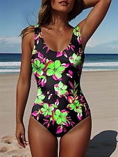 billiga One-piece-baddräkter-Kvinnors Baddräkter En Del Monokini Baddräkter Rygglös Semester Strand Kläder Blommig Grafik U-hals Ärmlösa Baddräkter