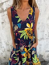 abordables Robes fleuries-Femmes Robe maxi Robe trapèze Robe Nuisette Vacances Occasionnel Boho Extérieur Sortir Coupe régulière Fleuri Sans manches Col en V Bleu Abricot Beige Été