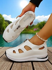 abordables Sandalias Deportivas-Sandalias deportivas blancas para mujer con diseño recortado, zapatos ligeros con cremallera para caminatas cómodas, viajes activos y recados diarios.