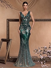 voordelige GROEN-Zeemeermin  Trompet Quinceanera Jurken Elegante Jurk Formele Bruiloft Vloerlange Mouwloos V-hals Sequined Rugloos met Sequins