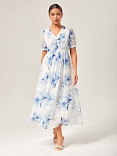 abordables Robes fleuries élégantes-robe longue en mousseline délavée à fleurs bleues