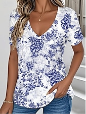 abordables T-shirt floral-Femmes T-shirt Fleuri Graphique Plantes ancien Mode Hawaïen Manche Courte Col en V Hauts Réguliers Quotidien Sortir Week-end Imprimé Bleu Été Printemps