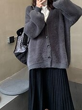 abordables Cardigans et vêtements d&#039;extérieur-Femmes Pull Cardigan Mode Couleur Unie Côtelé Col en V Tricoté manche longue Hauts Réguliers Tricoter Fête Sortir Week-end Noir Gris foncé Hiver