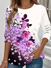 abordables T-shirt floral-Femmes T-shirt Fleuri Graphique Plantes ancien Élégant Classique manche longue Col ras du cou Col rond Hauts Réguliers Quotidien Week-end Imprimé Jaune Vert Claire Bleu Bleu Ciel Violet Été