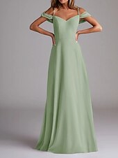 baratos Vestidos para Madrinhas-Vestido de Madrinha A-Line Alça Fina Manga Curta Elegante Comprimento Total Chiffon com Cor Sólida 2025