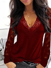 preiswerte Spitzenoberteile-Damen Spitzenbluse Einfarbig Elegant Stilvoll Lässig Langarm V Ausschnitt Normale Oberteile Täglich Spitze Patchwork Schwarz Wein Marineblau Sommer Frühling