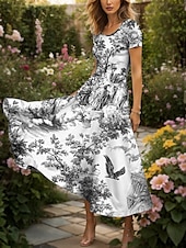 preiswerte Blumenkleider-Damen Maxikleid Freizeitkleid A Linie Kleid Sommerkleid Elegant Urlaub Lässig Normale Passform Grafik Blatt Vogel Kurzarm Quadrathals Rundausschnitt Schwarz und Weiß Gelb Rote Blau Sommer Herbst