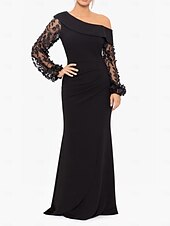 abordables NOIR-Sirène / Trompette Robe de Soirée Élégant Robe Formel Mariage Longueur au sol manche longue Une Épaule Détachable Crêpe Extensible avec Perlage 2025