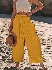 baratos Calça de linho de algodão simples-Mulheres Calças de linho de algodão chinês Moda Básico Casual Comprimento total Cintura Alta Tecido Bolsos Com Cordão Conforto Exterior Micro-Elástica Férias Rua Diário Branco Amarelo fúcsia cáqui