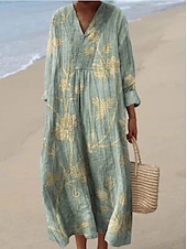 preiswerte Blumenkleider-Damen Maxikleid Sommerkleid A Linie Kleid Urlaub Lässig Boho Party Ausgehen Strand Blumen Grafik Langarm V Ausschnitt Schwarz Rosa Rote Purpur Sommer Frühling