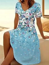preiswerte Blumenkleider-Damen Midikleid T-Shirt-Kleid Sommerkleid A Linie Kleid Urlaub Lässig Strand Ausgehen Strand Normale Passform Blumen Grafik Kurzarm V Ausschnitt Graues Rosa Hellgrün Blau Purpur Sommer Frühling