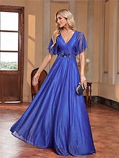 preiswerte BLAU-A-Linie Quinceanera Kleider Elegantes Kleid Formelle Hochzeit Bodenlang Kurzarm V-Ausschnitt Chiffon mit Falten