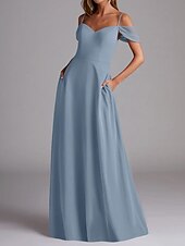 baratos Vestidos para Madrinhas-Vestido de Madrinha A-Line Alça Fina Manga Curta Elegante Comprimento Total Chiffon com Cor Sólida 2025