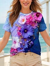abordables T-shirt floral-Femmes T-shirt Fleuri Graphique Plantes ancien Élégant Classique Manche Courte Col ras du cou Col rond Hauts Réguliers Quotidien Imprimé Noir et blanc Jaune Bleu Violet Fuchsia Été Printemps