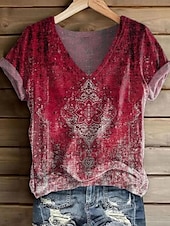 billige Boho t-skjorte-Dame T skjorte Grafisk Paisly Årgang Stilfull Klassisk Kortermet V-hals Vanlige topper Daglig Trykt mønster Svart Rød Oransje Lilla Grå Sommer Vår