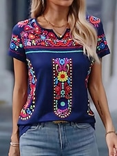 abordables T-shirt floral-Femmes T-shirt Fleuri Graphique ancien Élégant Classique Manche Courte Encolure en V Hauts Réguliers Quotidien Week-end Imprimé Noir bleu marine Vert Été Printemps