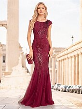 baratos Semi-formal / Cocktail-Vestidos de Quinceanera Elegantes Sereia  Trompete para Casamento Formal Comprimento Total Sem Mangas Decote Barco em Poliéster com Lantejoulas