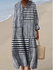 billige Stripete og geometriske kjoler-Dame Midikjole Solkjole Kjole med A-linje Ferie Fritid Bohem Ut på byen Strand Løstsittende Grafisk Geometrisk Stripe Langermet V-hals Aske Svart Gul Blå Sommer Vår
