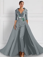 billige GRØNN-A-linje Kveldskjoler Elegant Kjole Formell Bryllup Gulvlengde Halvlange ermer Skjortekrage Sateng med Spalte Broderi Appliqué 2025