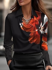 voordelige Bloemen tops-Dames Overhemd Bloemig Elegant Stijlvol Casual Lange mouw Overhemdkraag Normale tops Dagelijks Afdrukken Zwart Wit Marineblauw blauw Zomer Lente