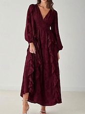 baratos Comprimento do chão-Linha A Vestido Para Mãe dos Noivos Formal Convidado do casamento Elegante Simples Minimalista Decote V Longo Chiffon Renda Manga Longa com Franzido Babados em Cascata 2025