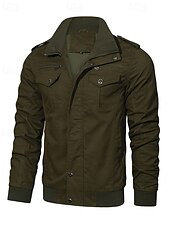 cheap Cargo Jackets-Men&#039;s Trucker Jacket Cargo Jacket Casual Jacket Vacation Daily Pocket Spring Fall Plain Fashion Classic Stand Collar Regular Black Khaki Army Green Jacket