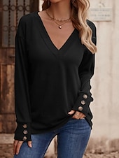 billige Plain t-skjorte-Dame Bluse Helfarge Stilfull Fritid Langermet V-hals Vanlige topper Daglig Knapper Svart Hvit Vin Militærgrønn Navyblå Sommer Vår
