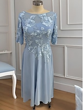 voordelige Vloerlengte-Blauwe A-Lijn Bloem Geborduurde Kant Moeder van de Bruid Jurk Elegant Simpel Luxe Boot Nek Vloerlengte Maxi Lengte Satijn Kant Halve Mouw